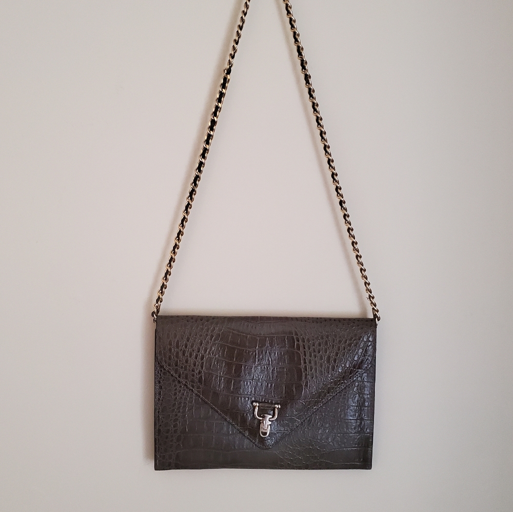 Vintage Gray Vinyl Faux Snakeskin Flat Envelope Purse with Chain - Picture 3 of 10